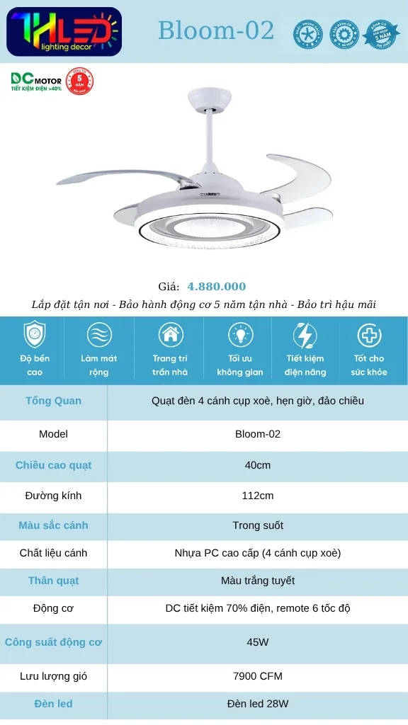 Quạt trần Bloom-02 - Cánh trong suốt, thân trắng