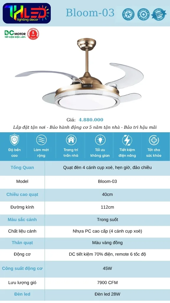 Quạt trần Bloom-03 - Cánh trong suốt, thân vàng đồng