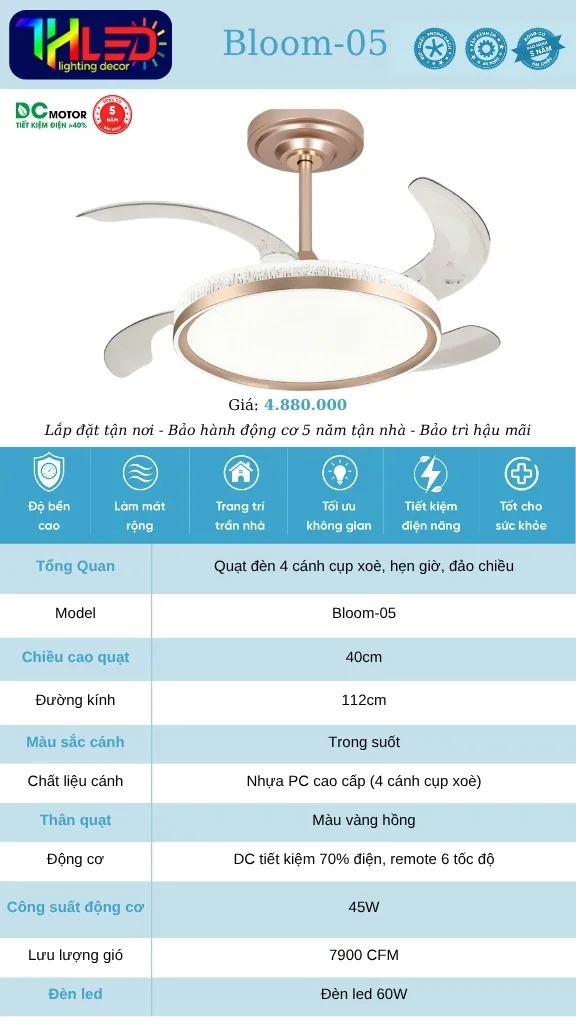 Quạt trần Bloom-05 - Cánh trong suốt, thân vàng hồng