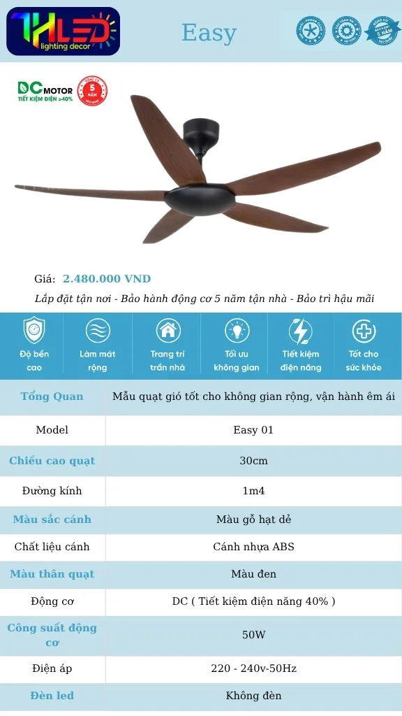 Quạt trần Easy 01 - Cánh gỗ hạt dẻ, thân đen