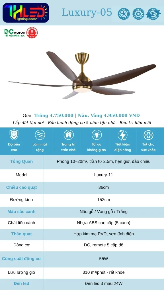 Quạt trần Luxury-05 - Nâu gỗ / Vàng gỗ / Trắng, thân đồng