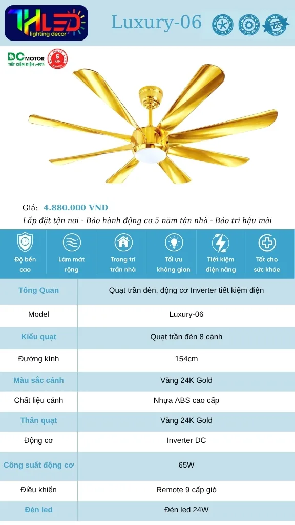 Quạt trần Luxury-06 - Vàng 24K gold, 8 cánh