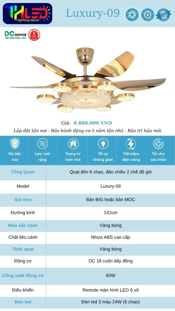 Quạt trần Luxury-09 - Vàng bóng, 6 chao đèn