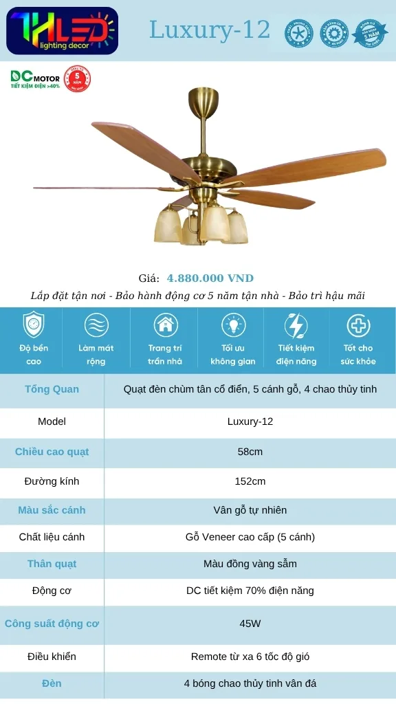 Quạt trần Luxury-12 - Cánh gỗ veneer, thân đồng, 4 chao thủy tinh