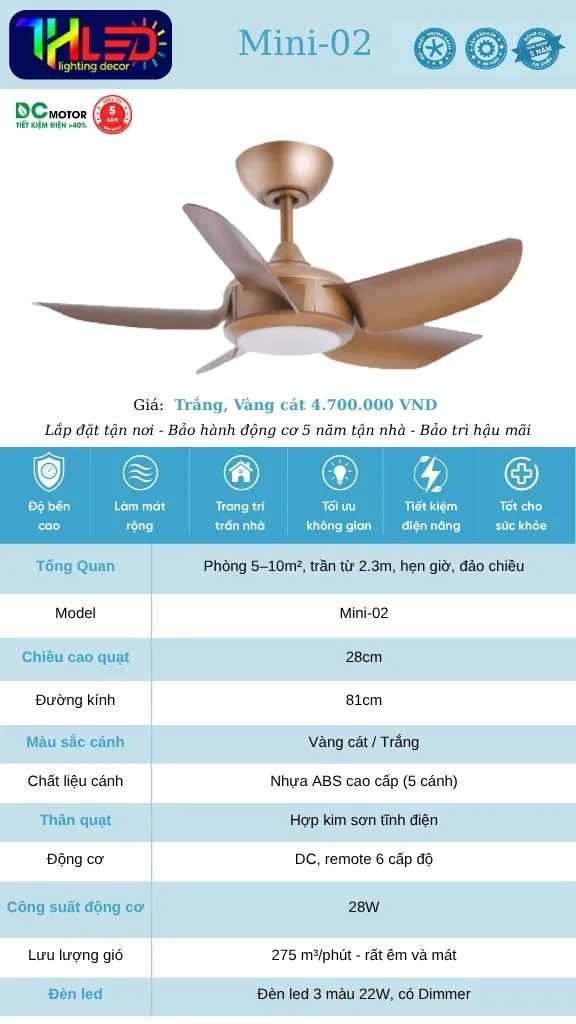 Quạt trần Mini-02 - Vàng cát / Trắng