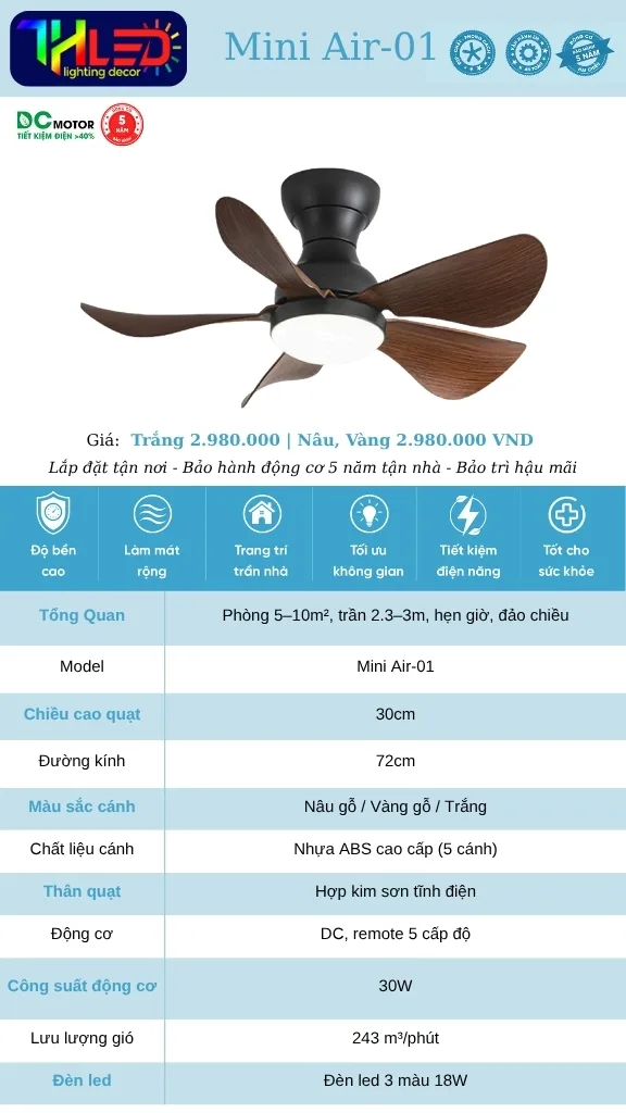 Quạt trần Mini Air-01 - Nâu gỗ / Vàng gỗ / Trắng