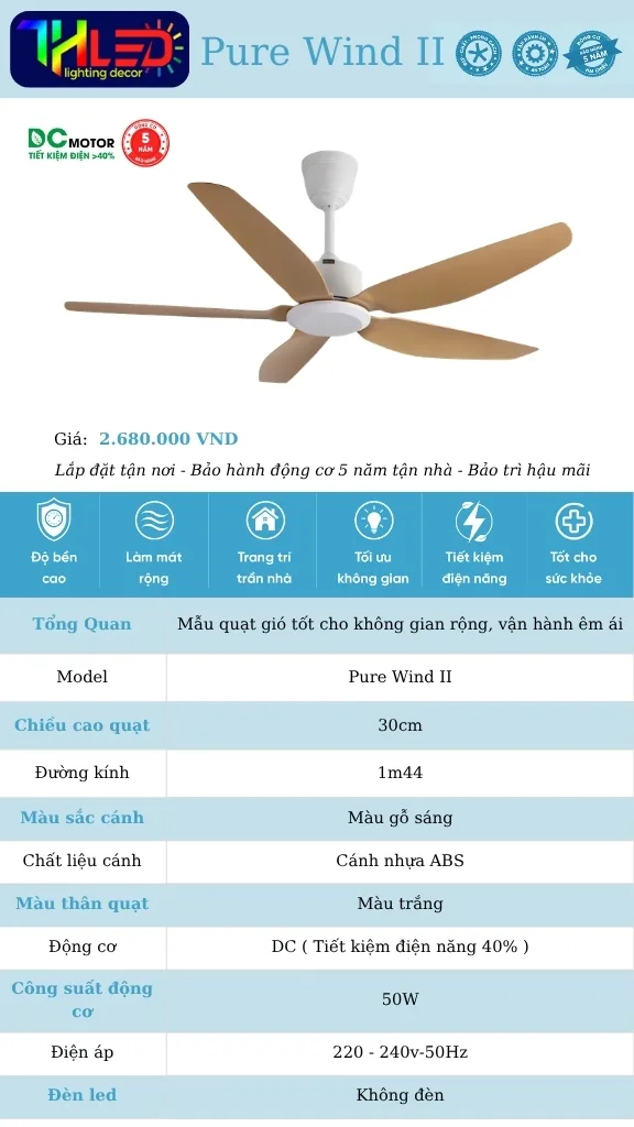 Quạt trần Pure Wind II - Cánh gỗ sáng, thân trắng