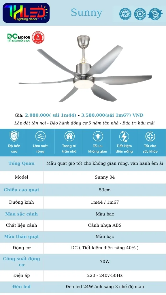 Quạt trần Sunny 04 - Bạc