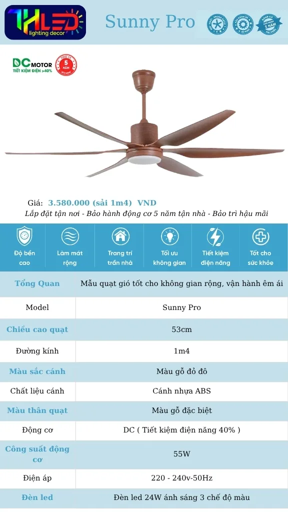 Quạt trần Sunny Pro 01 - Cánh gỗ đỏ đô, thân gỗ
