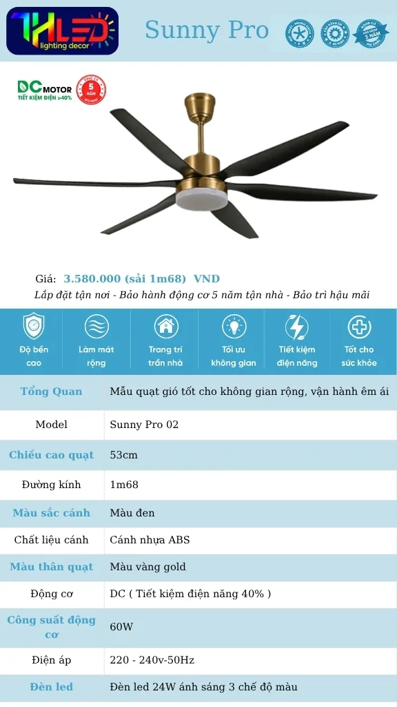 Quạt trần Sunny Pro 02 - Cánh đen, thân vàng gold